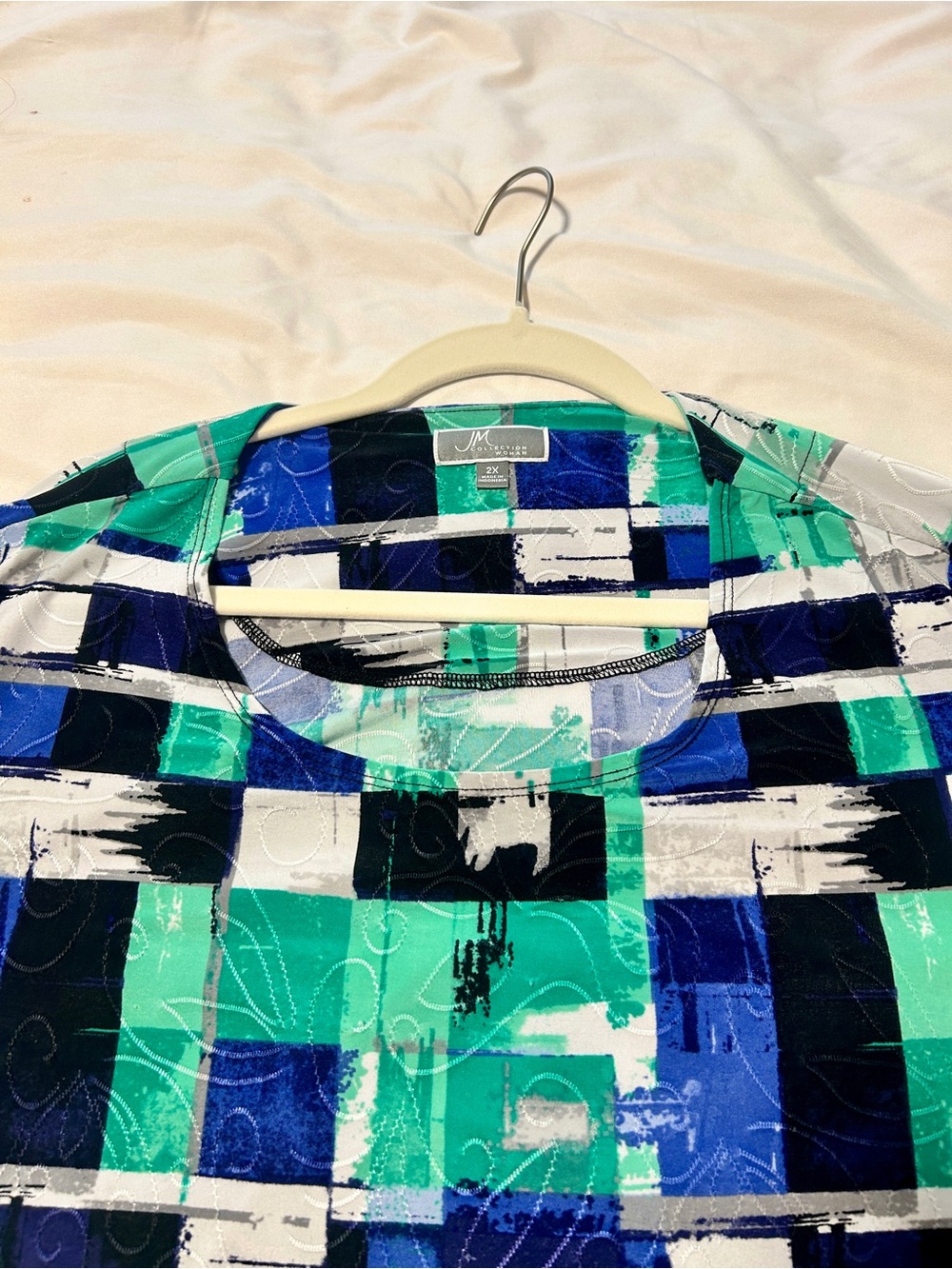 JM Collection Teal, Turquoise & Navy Abstract Plaid Scoop Top